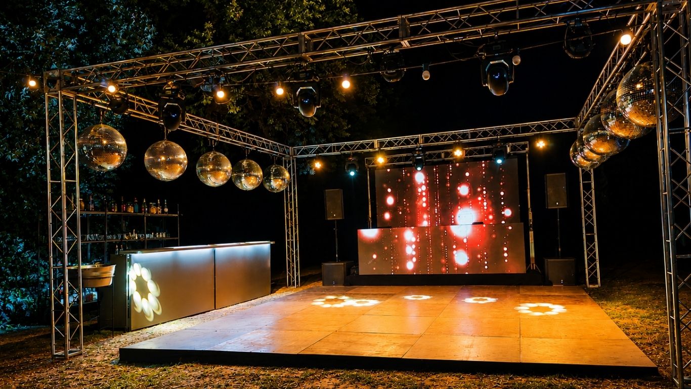 Escenario con iluminación, estructura y pantalla LED